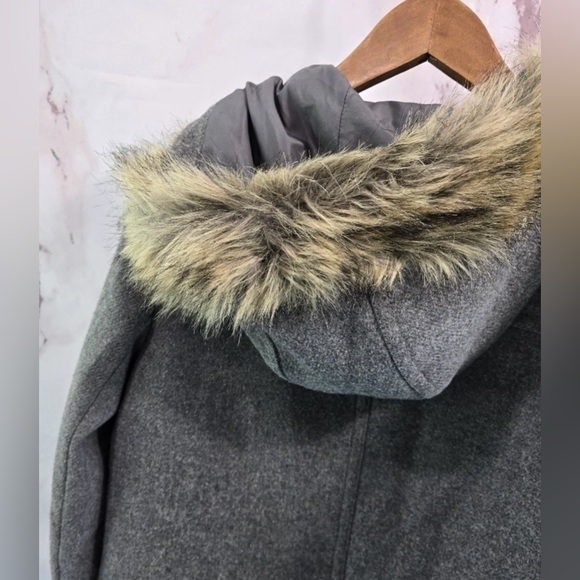 J. Crew Gray Pea Coat with Faux Fur Trim - Picture 6 of 12